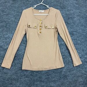 Oufeiya Top Small Long Sleeve Ribbed Knit Button Up‎ Casual Blouse